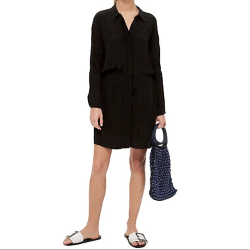 Topshop long sleeve tie waist button black midi dress